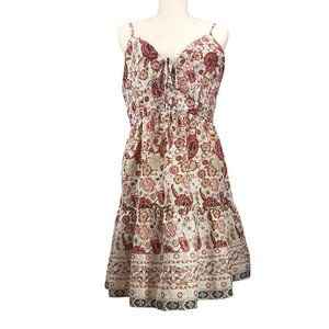Unbranded Strappy Sundress Sz L Beige Floral Boho Peasant Tie-Up Eyelets Ruffle